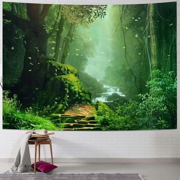 Shiartex Dream Forest Tapestry Fog Forest Green Tree Tapestry Background Wall Decorative Tapestry Natural Scenery Cloth Painting for Bedroom and Living Room Painting