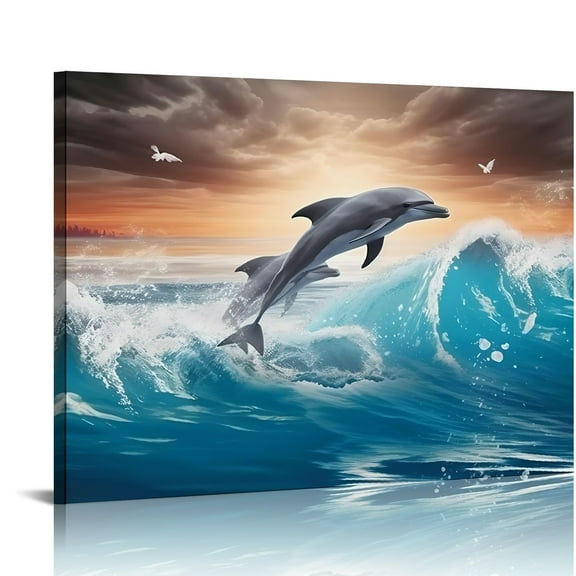 Shiartex Fall Decor Blue Wave Dolphin Canvas Wall Art Print Home Decor for Bedroom Kitchen Living Room Office Wall Decor 20x16in