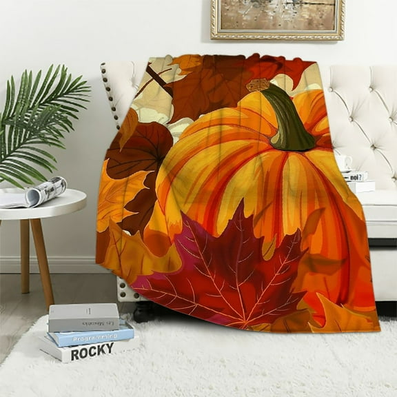 Shiartex  Fall Decorative Throw Blanket Orange Thanksgiving Autumn Pumpkin Leaf Throw Blanket for Couch Sofa Bed Outdoor Lightweight Fuzzy Cozy Soft  Blankets and Throws