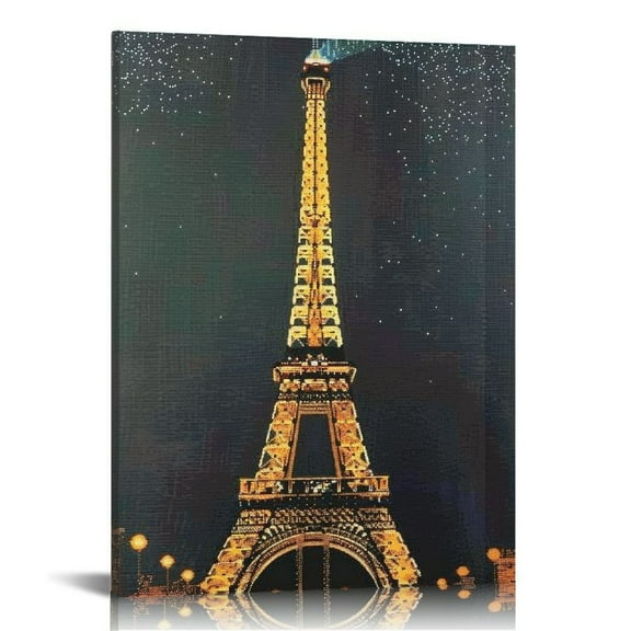 Shiartex  Famous Eiffel Tower Paris France at Night Canvas Wall Art 16x20 in/12x16 in