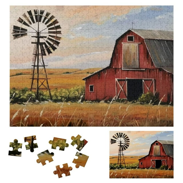 Shiartex Farm Barn Windmill Wooden Jigsaw Puzzle for Adults and Kids, Challenging Wood Puzzle Gift for Family Friends 500 PCS