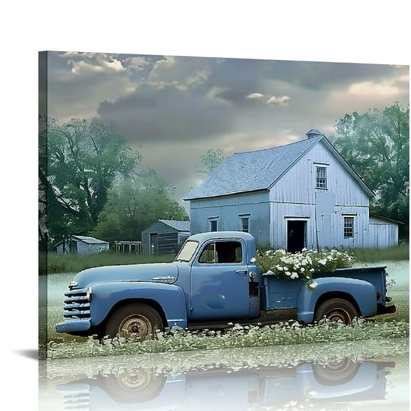 Shiartex  Farmhouse Blue Truck Canvas Wall Art for Bedroom Decor Country Old Barn and Flower Paintings Pictures for Home Decor with Framed 20x16 in/16x12 in