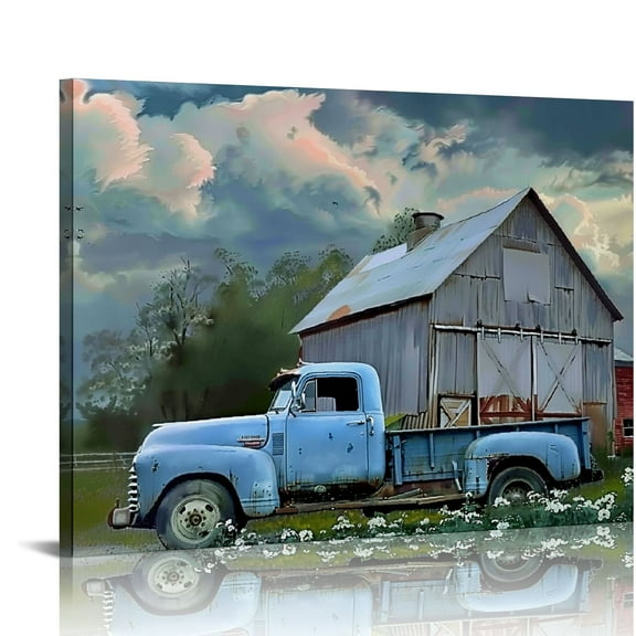 Shiartex  Farmhouse Blue Truck Canvas Wall Art for Bedroom Decor Country Old Barn and Flower Paintings Pictures for Home Decor with Framed 16x12in