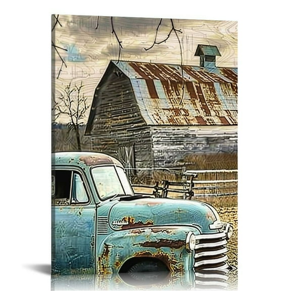 Shiartex Farmhouse Canvas Wall Art Framed Countryside Landscape Paintings Old Barn windmill Teal Turck Rustic Country Farm Picture Wall Decor for Bedroom Living Room Ready to Hang 12x16 in