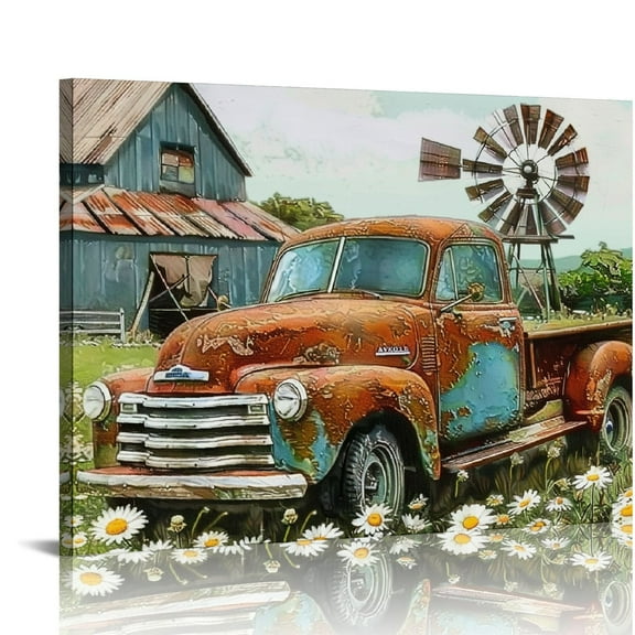 Shiartex  Farmhouse Decor Wall Art - Teal Barn Red Truck Windmill Pictures Canvas Paintings Rustic Country Landscape Artwork Wall Decor Framed 20x16in