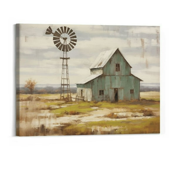 Shiartex Farmhouse Framed Wall Art Picture: Barn Windmill Wood Painting Decor Rustic Country Farm Print Countryside Landscape Rural Scene Artwork for Living Room Bedroom 20x16 Inch