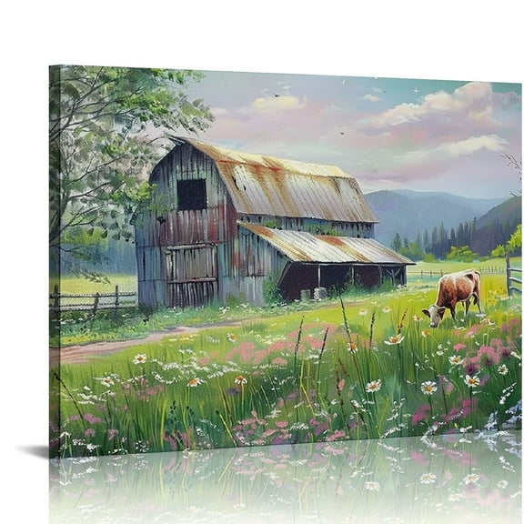 Shiartex Farmhouse Painting Wall Art Farm Cow Landscape Canvas, Village Barn Picture Nature Scenery Vintage Flowers Floral Print Artwork Living Room Bedroom Bathroom Office Home Decor 20x16 /16x12 in