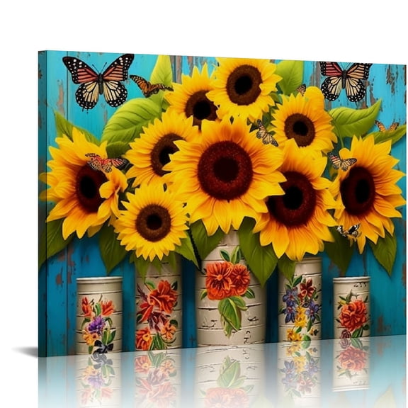 Shiartex Farmhouse Sunflower Wall Art Rustic Sunflower Butterfly Pictures Wall Decor Teal Country Family Canvas Prints Painting Home Decor Artwork for Bedroom Living Room Framed 20x16 in/16x12 in