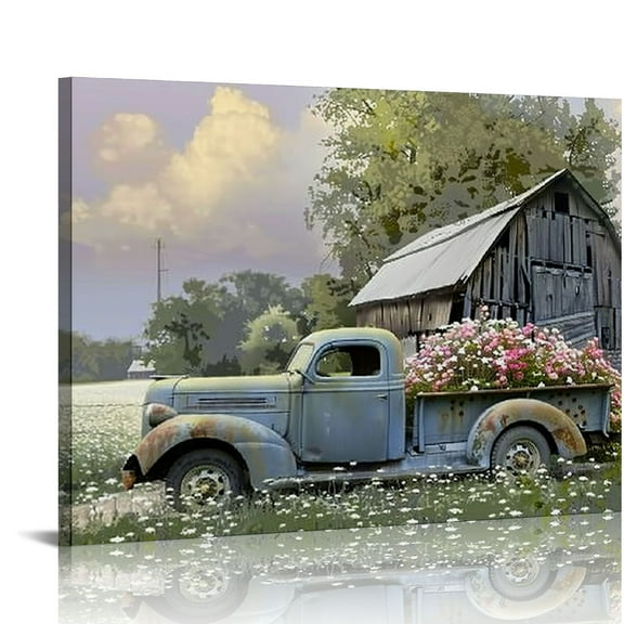 Shiartex Farmhouse Truck Wall Art,Rustic Spring Country Canvas Prints Wall Art,Retro Vintage Farm Barn Old Blue Truck Picture, Windmill White Daisy Barn , Framed Farmhouse Artwork Decor