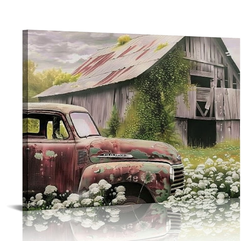 Shiartex Farmhouse Truck Wood Wall Art: Framed Nature Rustic