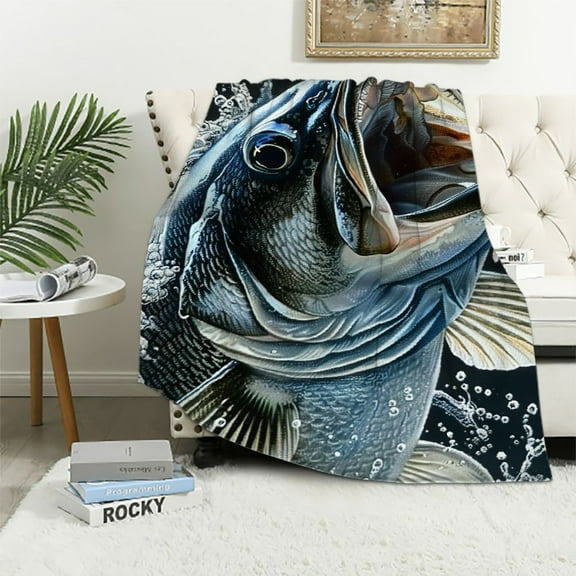 Shiartex Fishing Blanket, Fisherman Gifts, Fishing Collage Throw, Soft Lightweight Plush Fish Quilt for Home Bedroom Room Sofa Decoration White