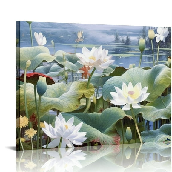 Shiartex  Floral Wall Art for Living Room, White Lotus Flower Canvas Wall Decor for Bedroom, Watercolor Plant Print Painting Decoration, Size 20x16 in/16x12 in