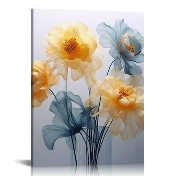 Shiartex  Flower Wall Art for Bathroom Bedroom Living Room Blue Orange Wall Decor Floral Painting Canvas Print Picture for Home Decorations Framed Artwork Ready to Hang (16x20 in/12x16 in)