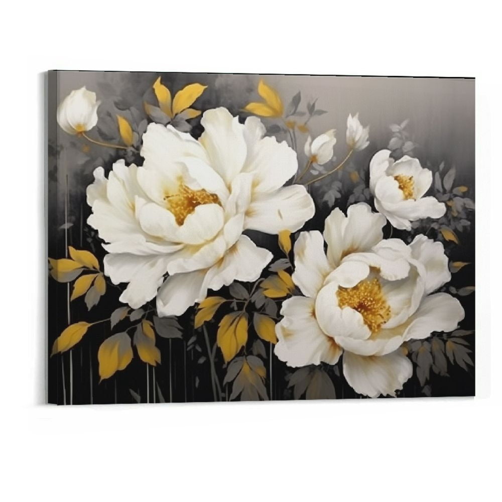Shiartex Flower Wall Art for Living Room, Gold and White Peony Canvas ...