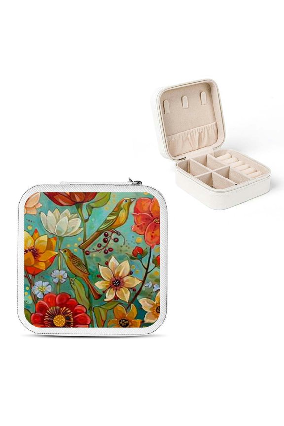 Flowers Birds Painting Jewelry Box Organizer for Necklace, Ring, Earring - Portable and Compact PU Leather Case with High Capacity Storage White
