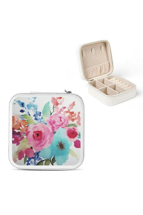 Flowers Jewelry Case Organizer for Necklace, Ring, Earring Storage with Zipper Closure and Compact Design White