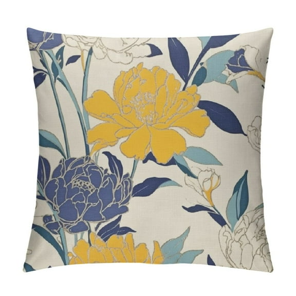 Shiartex Flowers Outdoor Pillow Covers, Teal Grey Mustard Yellow Floral Decorative Throw Pillows Cover,Spring Summer Navy blue Leaf Square Pillowcase Decor Gifts for Home Patio Couch Sofa 12x12in