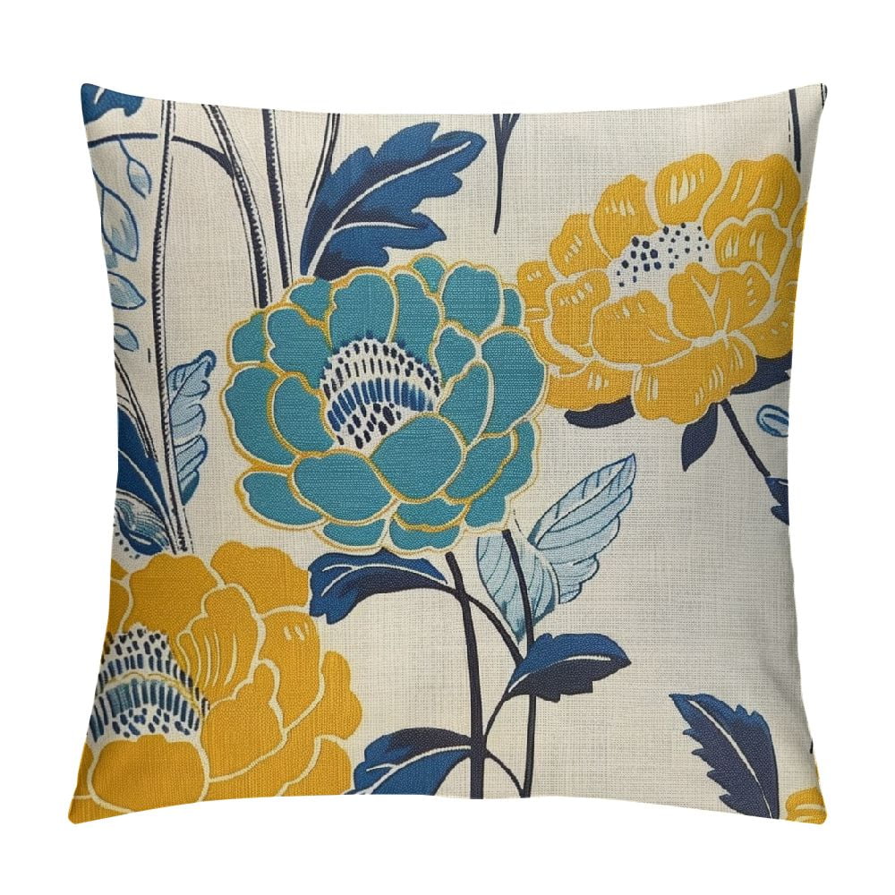 Shiartex Flowers Outdoor Pillow Covers , Teal Grey Mustard Yellow