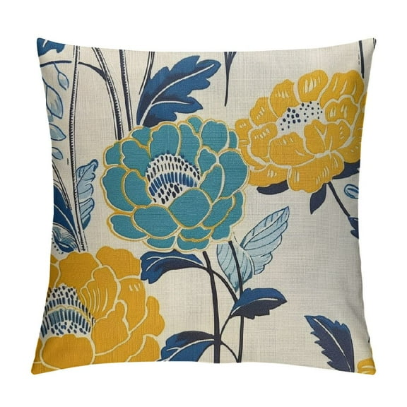 Shiartex Flowers Outdoor Pillow Covers , Teal Grey Mustard Yellow Floral Decorative Throw Pillows Cover,Spring Summer Navy blue Leaf  Square Pillowcase Decor Gifts for Home Patio Couch Sofa