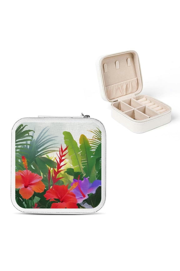 Flowers Palm Trees Tropical Scene Jewelry Box for Necklace, Ring, Earring Storage Organizer White