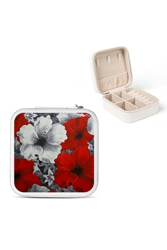 Flowers Small Jewelry Box for Women Necklace Ring Earring Organizer Travel Case with Zipper Closure and Compact Design White