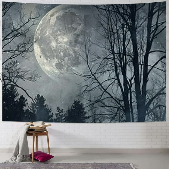 Shiartex Forest Moon Tapestry, Trippy Tapestry Mystic Forest Starry Night Full Moon Wall Hanging Tapestry For Bedroom Living Room Dorm Painting