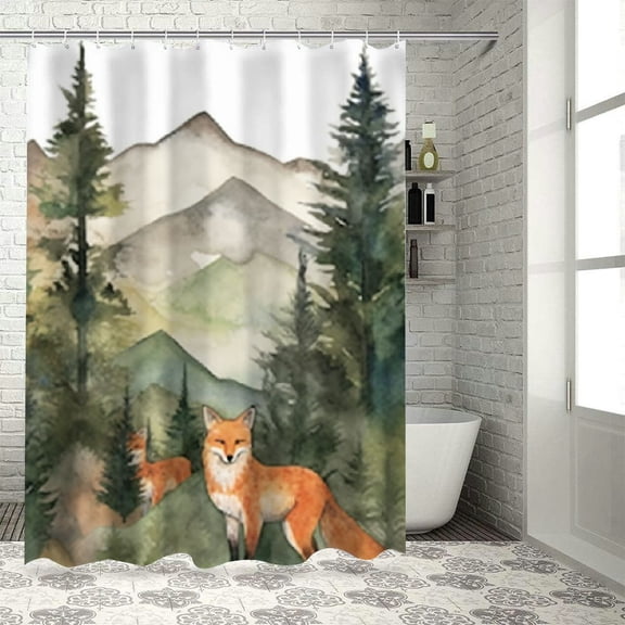 Shiartex Foxes Forest Mountain Printed Shower Curtain with Hooks, Polyester Fabric Shower Curtain for Bathroom Decoration 60x72