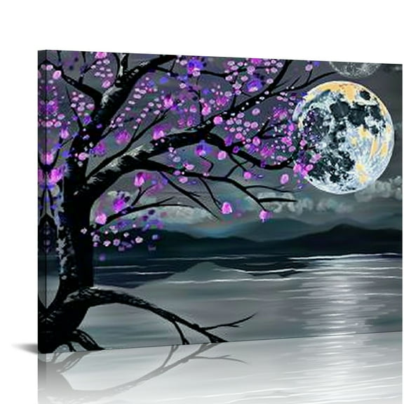 Shiartex  Framed Abstract Tree Painting Cherry Blossom Purple Flower Canvas Art for Modern Home Wall Decoration Prints on Canvas Stretched Ready to Hang 16x12in