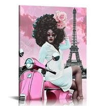 Shiartex  Framed African American Black Girl Canvas Wall Art Decor Women Pictures Prints Painting Pink and Black Beach Paris Eiffel Tower Abstract Living Room Bedroom Bathroom Room 16x20 in/12x16 in
