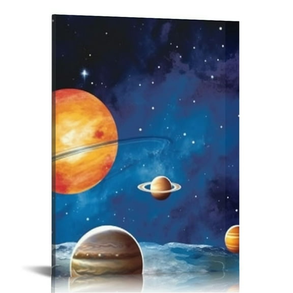 Shiartex  Framed Outer Space Art Prints Cartoon Watercolor Planet Wall Art, Universe Theme Canvas Painting, Spaceship, Astronaut For Kids Room Nursery Decor-Ready to Hang 16x20 in/12x16 in