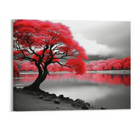 Shiartex Framed Red Tree Canvas Wall Art print Nature Wall Art Black and Withe Living Room Decor Forest Wall Pictures Landscape Painting Modern Artwork Wall Decor for Bedroom Home 20"x16"in
