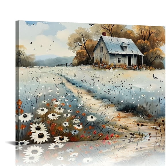 Shiartex Framed Rustic Farmhouse Canvas Wall Art Beautiful Field Painting Wildflower Barn Print Nature Scenery Picture French Countryside Poster for Bathroom Bedroom Office Wall Decor 20x16in