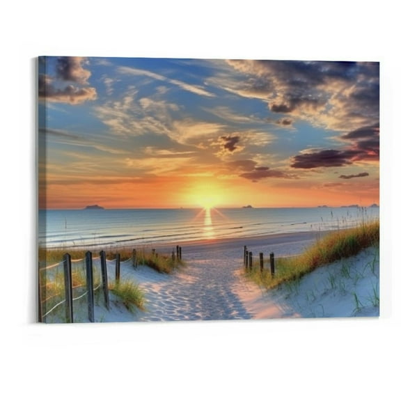 Shiartex Framed Wall Art Ready to Hang 20x16 Inch path with beach fence on cape cod sunset seascape stock pictures Canvas Print Artwork Wall Art Painting Pictures Home Office Wall Dcor