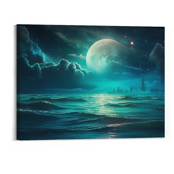Shiartex Full Moon Ocean Waves Wall Art Moon Night Canvas Pictures Dark Teal Blue Seascape Canvas Art Landscape Prints Artwork for Living Room Bedroom Ofiice Kitchen Home Wall Decor 20x16 Inch