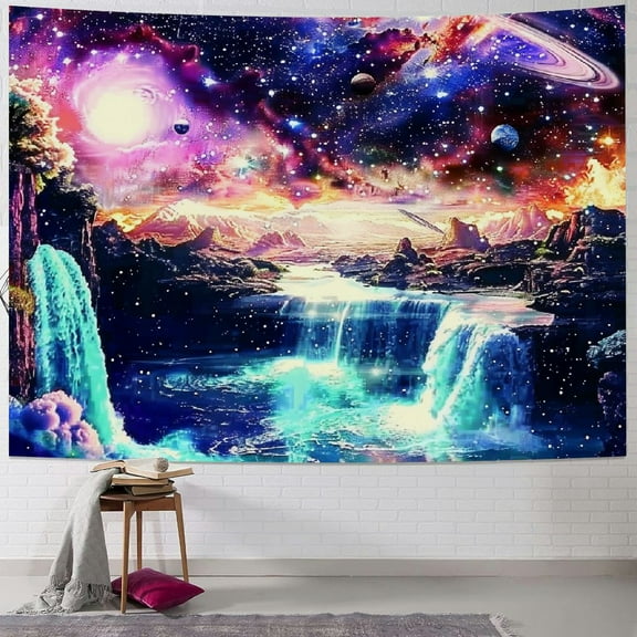 Shiartex Galaxy Tapestry Trippy Planet Tapestry Waterfall Landscape Tapestry Fantasy Mountain Wave Wall Tapestry Mysterious Neon Plants Wall Hanging for Room 60x50inch