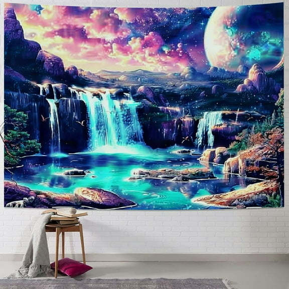 Shiartex Galaxy Tapestry Trippy Planet Tapestry Waterfall Landscape Tapestry Fantasy Mountain Wave Wall Tapestry Mysterious Neon Plants Wall Hanging for Room 40x30inch
