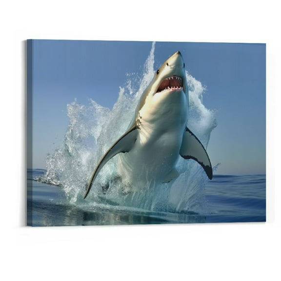 Shiartex Great White Shark Animal Poster Canvas Wall Art Picture Print Hanging Photo Gift Idea Living Room Home Mural Decoration (Framed,20x16 Inch)