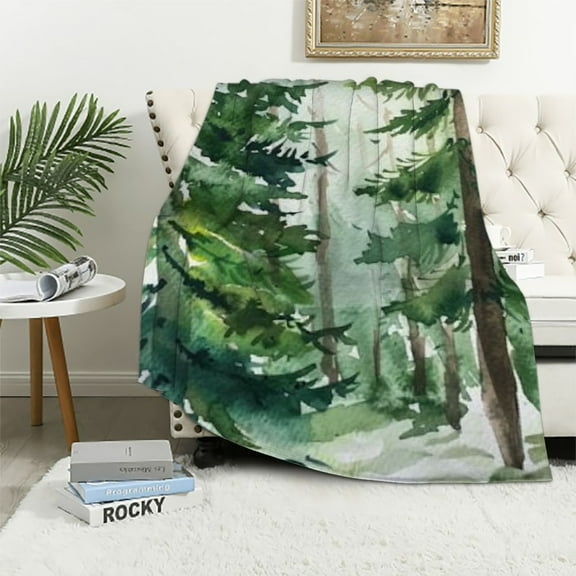 Shiartex Green Forest Tree Flannel Blankets, Pine Coniferou Trees Forest Watercolor Design Throw Bed Blanket for Sofa Chair Bed White