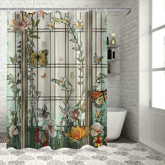 Shiartex Green Garden Shower Curtain, Colorful Butterfly Floral Shower Curtain Set for Bathroom, Modern Design Plant Fabric Bath Curtain with Hooks 36x72
