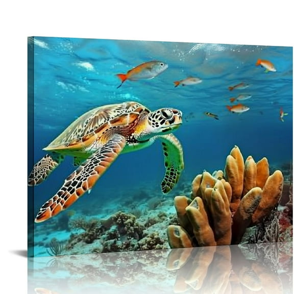Shiartex Green Sea Turtle Canvas Wall Art Print, Wildlife Artwork 20x16in