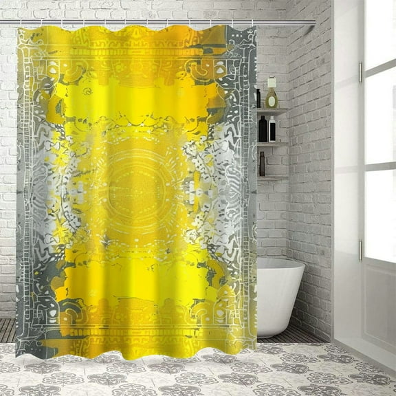Shiartex  Grey and Yellow Shower Curtain, Mandala Ombre Old Boho Pattern with Spiral Round Floral Print, Cloth Fabric Bathroom Decor Set with Hooks,  Yellow Grey White