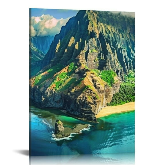 Shiartex  Hawaii Picture Canvas Print Mountain Range Wall Art Coastline Landscape Painting Living Room Bedroom Decor 12x16 in