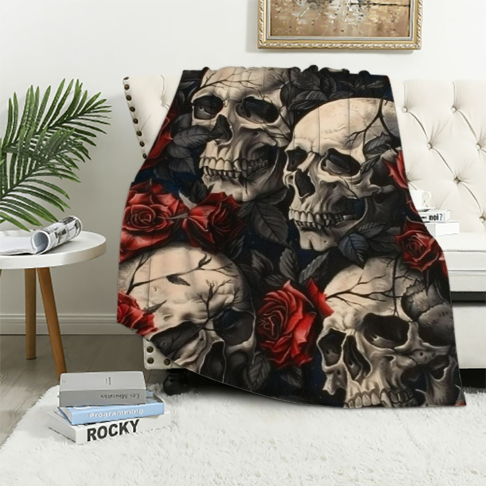 Shiartex  Horror Skull Blanket Gifts for Kids Adults Soft Warm Lightweight Cozy Red Rose White and Black Skulls Throw Blankets for Bed Living Room Sofa Couch Birthday Goth Decor White