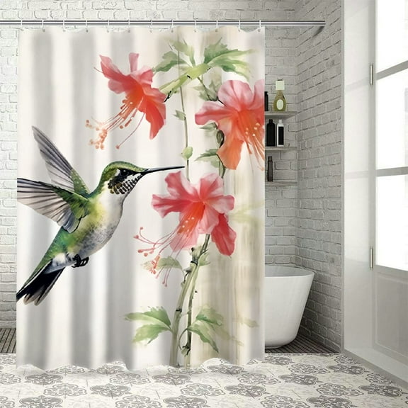 Shiartex Hummingbird Flower Red Flowers Shower Curtain with Hooks, Cloth Fabric Bathroom Decor Set 100% Polyester Waterproof Bathroom Curtain Decoration 36x72