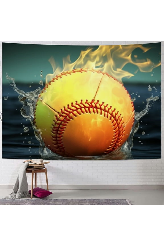 Ice Water Fire Softball Baseball Tapestry Decor, Art Wall Hanging for Bedroom Aesthetic Living Room Dorm Home Decoration 40x30inch