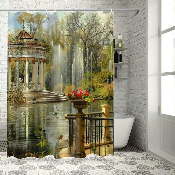 Shiartex Italian Natural Scenery Country Style Shower Curtain Flower Green Leaf Arch Mediterranean Town Landscape Polyester Fabric Garden Bathroom Decor Set with Hooks 36x72