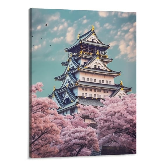 Shiartex Japanese Art Osaka Castle Cherry Blossom Landscape Poster Hanging Poster Canvas Wall Art Decor Home Frame Hanger Posters Mural 16x20 Inch