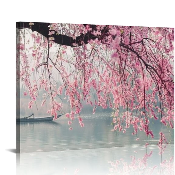 Shiartex Japanese Cherry Blossoms And River Poster Decorative Painting Canvas Wall Art Living Room Posters Bedroom Painting 16x12in