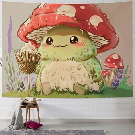 Shiartex Kawaii Frog Mushroom Tapestry pink cute room decor Aesthetic Wall Hanging Tapestry room decor for teen girl's Bedroom Funny Living Room Home Decor 40x60inch