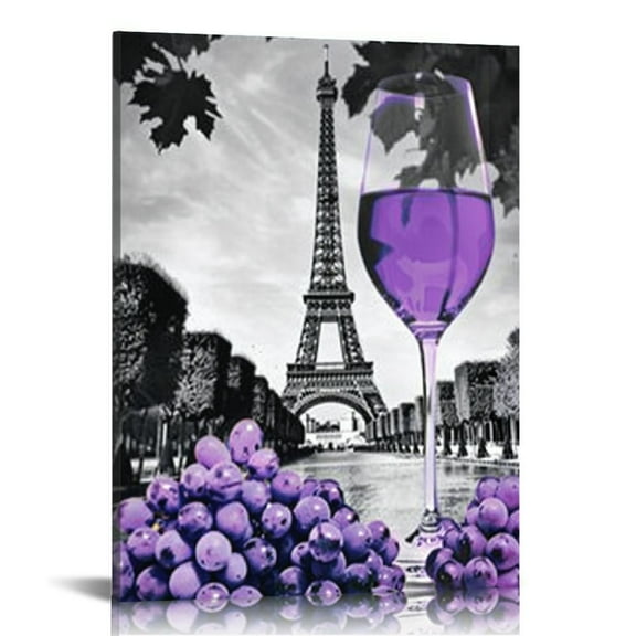 Shiartex Kitchen Canvas Wall Art Romantic Purple Wine Grape Rose Flowers Eiffel Tower Pictures Prints for Restaurant Bar Decor Framed (Purple, 16x20 in/12x16 in)
